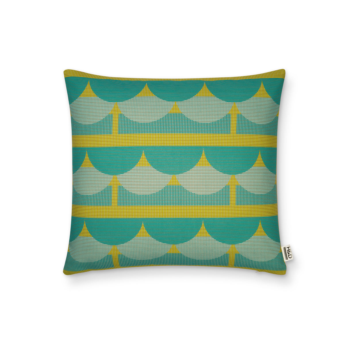 Sussex Tiles No.4 : Tiled green and yellow cushion