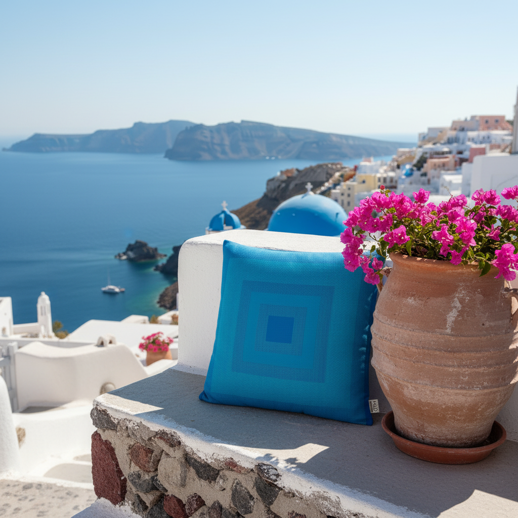 Blue Cushion on Greek Island Sitting Area