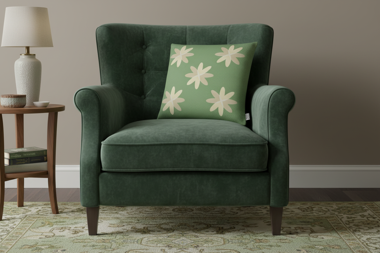 Green daisy cushion on dark green armchair