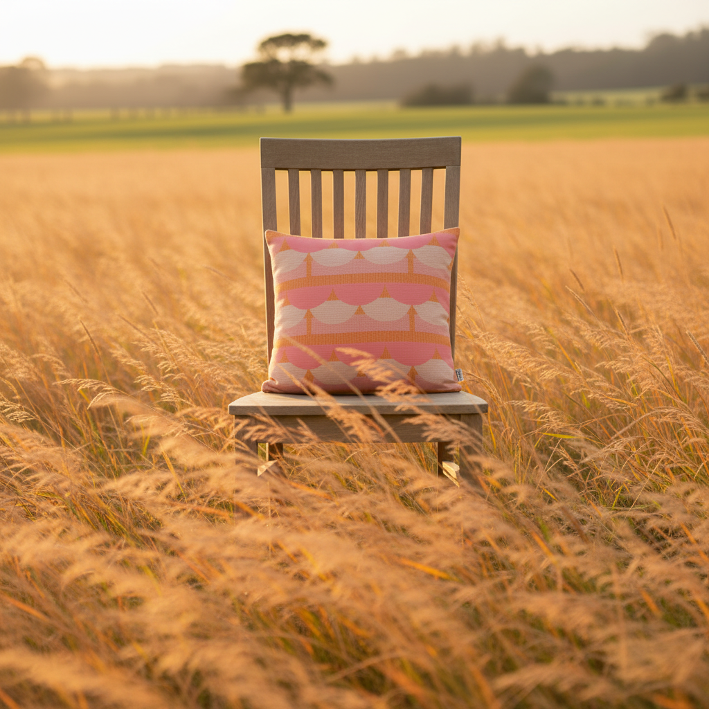 Pink and orange cushion on wooden chair in wild tall grass field
