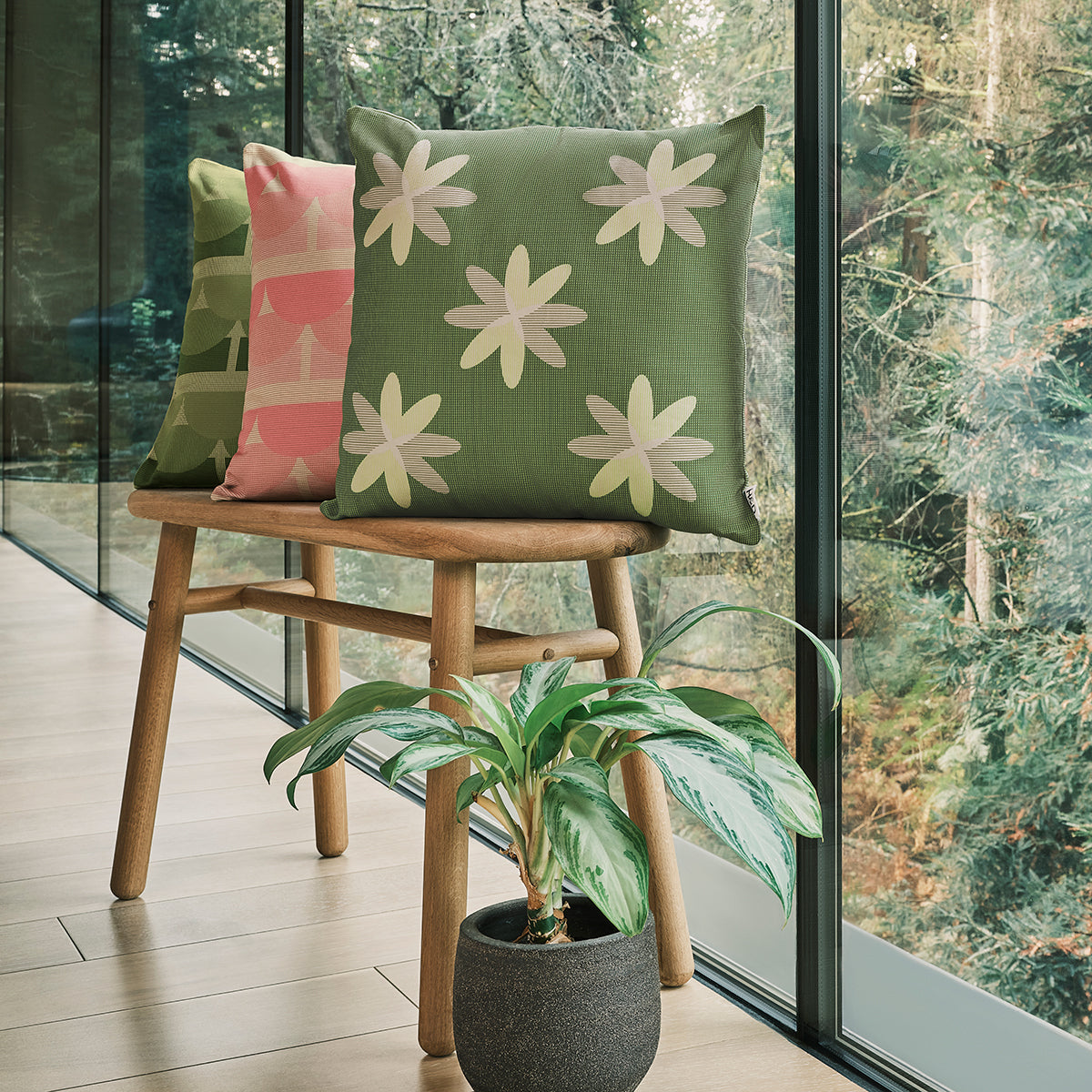 Flower Field No.1 : Floral Green and Pink Cushion