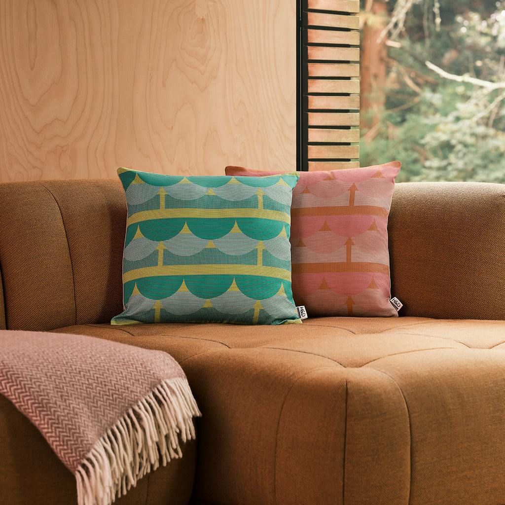 Sussex Tiles No.4 : Tiled green and yellow cushion